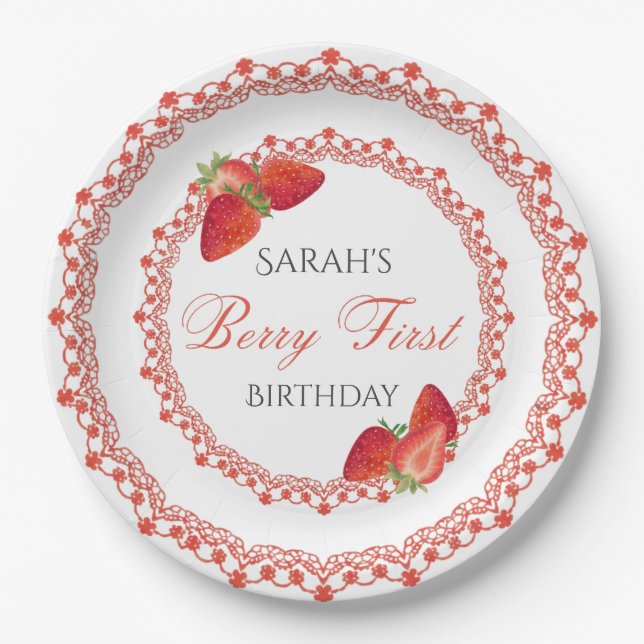 Plato De Papel Cumpleaños Primero de Red Lace Berry (Anverso)