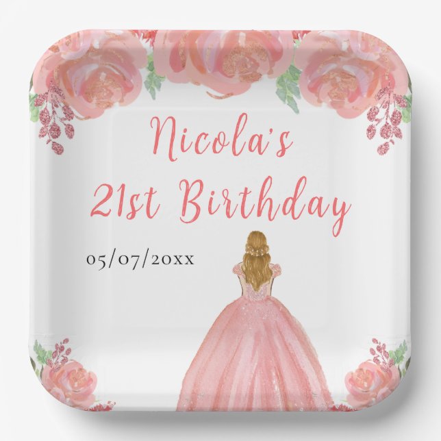 Plato De Papel Cumpleaños Princesa Cabello Rubio Floral Rosa (Anverso)