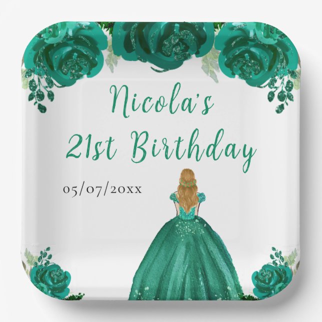 Plato De Papel Cumpleaños Princesa Cabello Rubio Floral Verde (Anverso)