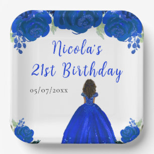 Plato De Papel Cumpleaños Princesa de Piel Oscura Floral Azul