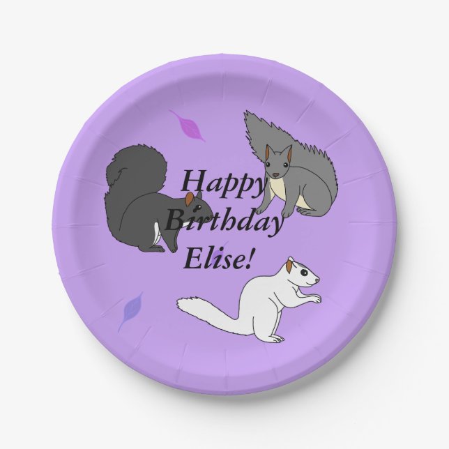 Plato De Papel Cumpleaños púrpura de ardillas (Anverso)