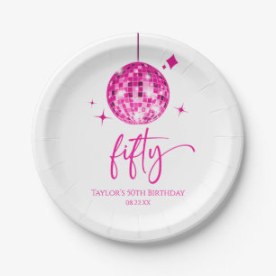 Plato De Papel Cumpleaños Quincuagésimo de Bola de Discoteca Rosa