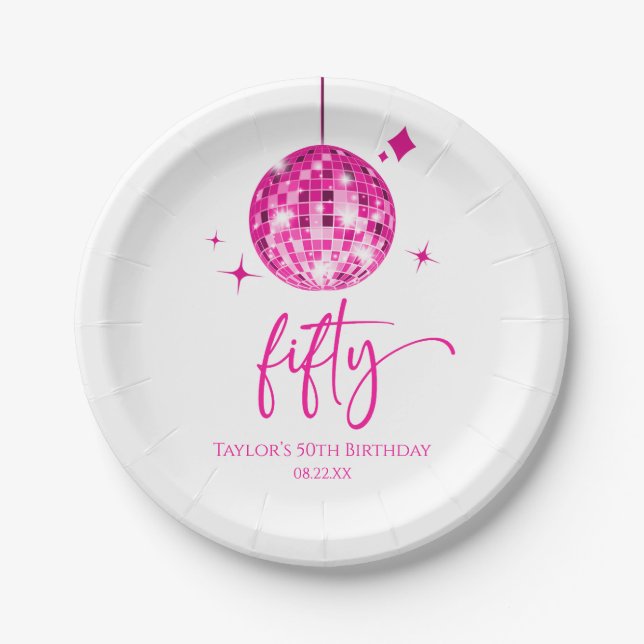 Plato De Papel Cumpleaños Quincuagésimo de Bola de Discoteca Rosa (Anverso)