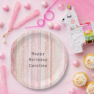 Plato De Papel Cumpleaños Rayas Rosa Rubio Lunares Blancos Femeni