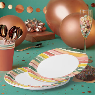 Plato De Papel Cumpleaños Rayas Verde Amarillo Rojo Rosa