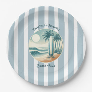 Plato De Papel Cumpleaños Retro Cabana Stripes Beach Club Surfboa