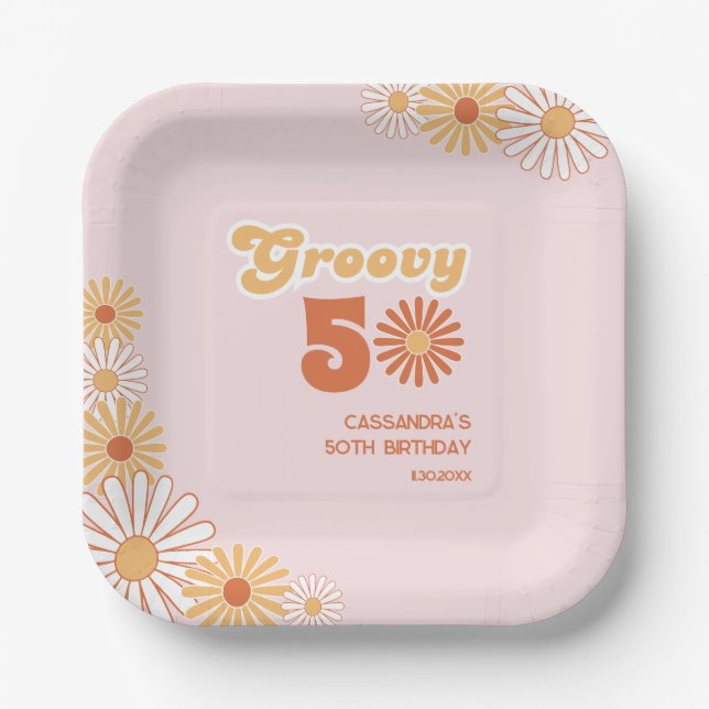 Plato De Papel Cumpleaños Retro Daisy Boho Naranja Rosa 50 (Anverso)