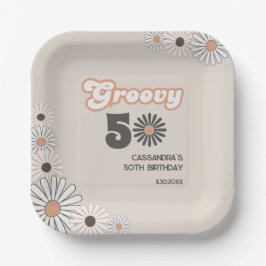 Plato De Papel Cumpleaños Retro Daisy Boho Terracotta Natural 50