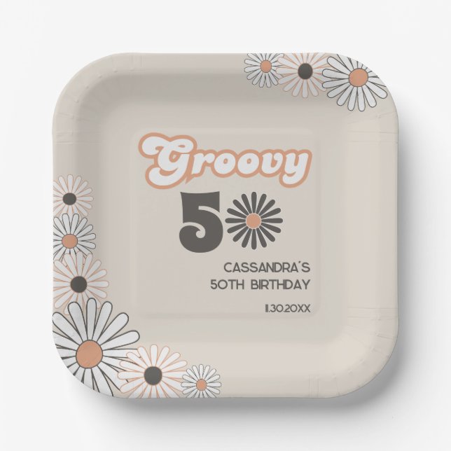 Plato De Papel Cumpleaños Retro Daisy Boho Terracotta Natural 50 (Anverso)
