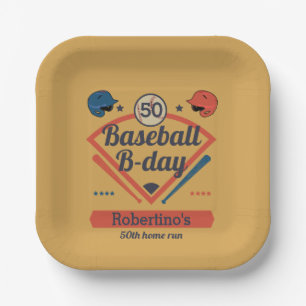 Plato De Papel Cumpleaños Retro de Béisbol del Hombre de 50 años