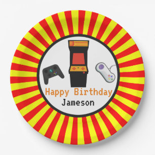Plato De Papel Cumpleaños retro de la consola del videojuego de