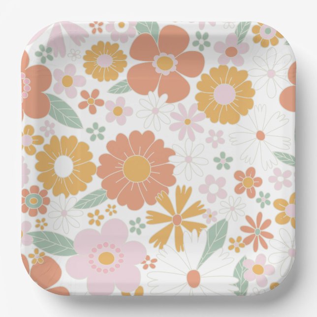 Plato De Papel Cumpleaños retro floral divertido (Anverso)