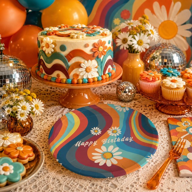Plato De Papel Cumpleaños Retro Groovy 70's Daisy Arcoíris (Subido por el creador)