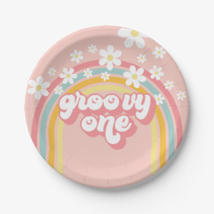 Plato De Papel Cumpleaños Retro Rainbow Groovy Uno 1
