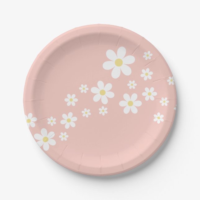 Plato De Papel Cumpleaños Retró Rosa Daisy (Anverso)