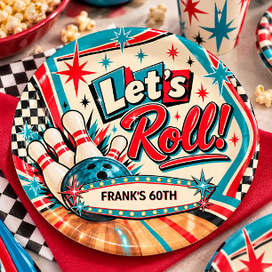 Plato De Papel Cumpleaños Retro Vintage Bowling Let's Roll 60