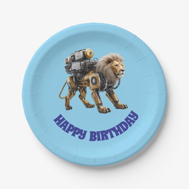 Plato De Papel Cumpleaños Robot León Adorable (Anverso)