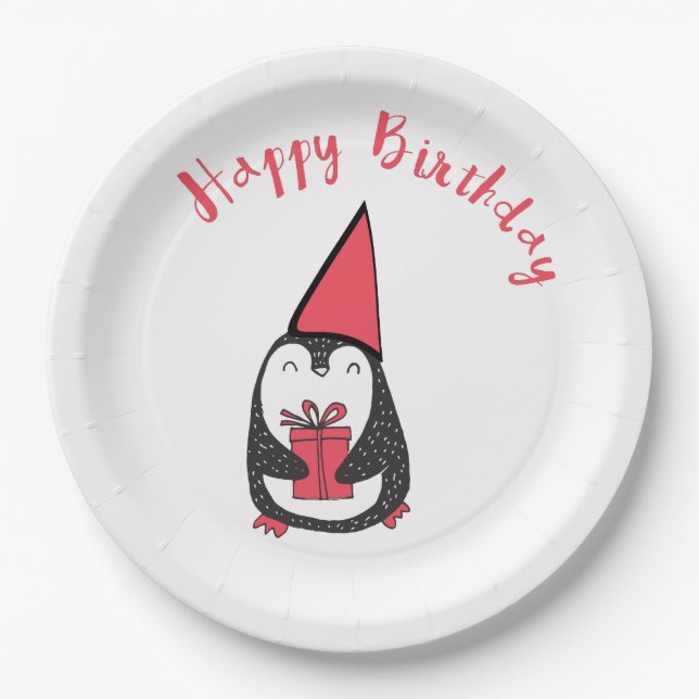 Plato De Papel Cumpleaños rojo y negro del pingüino (Anverso)