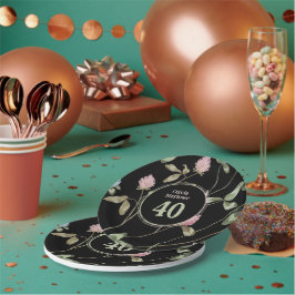 Plato De Papel Cumpleaños Romántico Black Pink Clover Floral