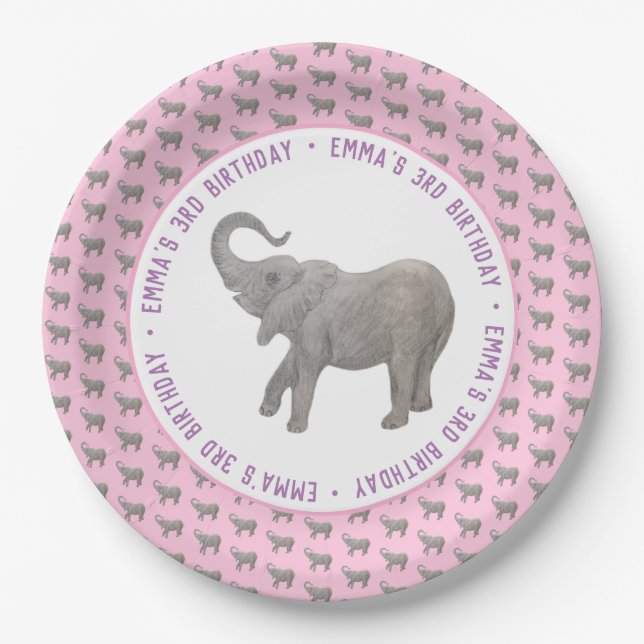 Plato De Papel Cumpleaños Rosa Elefante Bebé (Anverso)