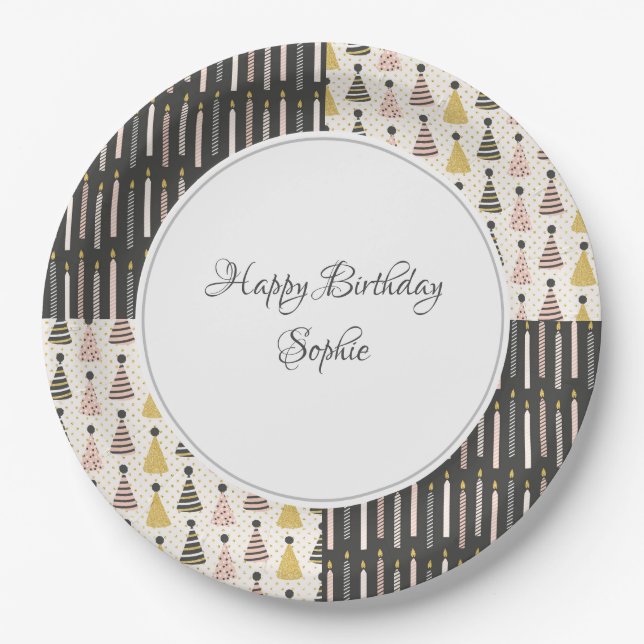 Plato De Papel Cumpleaños rosa y gris personalizado (Anverso)