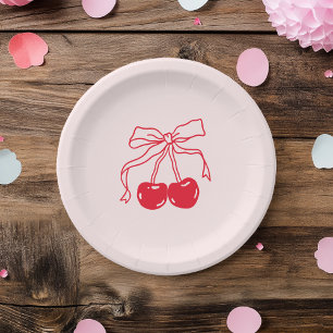 Plato De Papel Cumpleaños Rosa y Roja del Cerezo