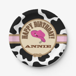 Plato De Papel Cumpleaños rosado de la vaquera, placas adaptables