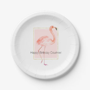 Plato De Papel Cumpleaños rosado feliz del flamenco