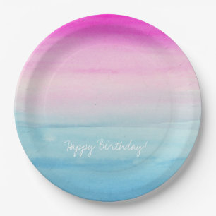 Plato De Papel Cumpleaños rosado y azul femenino de Ombre el   d