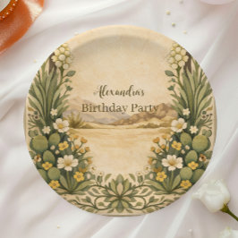 Plato De Papel Cumpleaños Rústico de Botánicas del Desierto