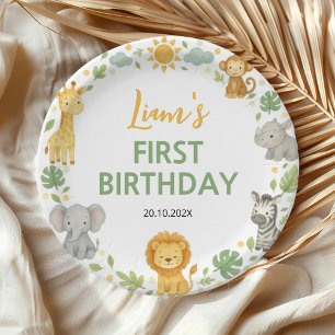 Plato De Papel Cumpleaños Safari Wild One Animales de la Jungla