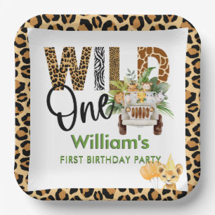 Plato De Papel Cumpleaños Salvaje Safari Animales Niño Uno 