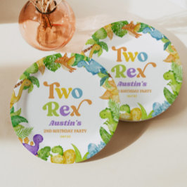 Plato De Papel Cumpleaños segundo de dos dinosaurios Rex