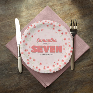 Plato De Papel Cumpleaños Séptimo Personalizado de Niña con Flore