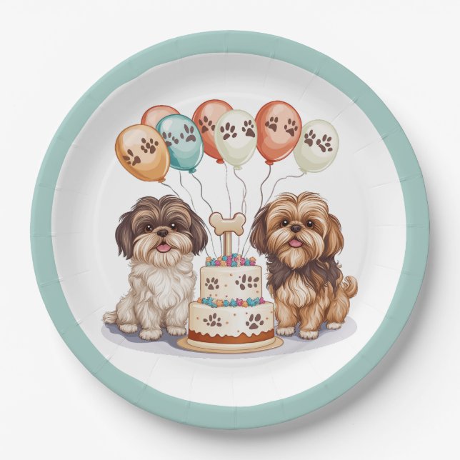 Plato De Papel Cumpleaños Shih Tzu Dogs Pastel de cumpleaños (Anverso)