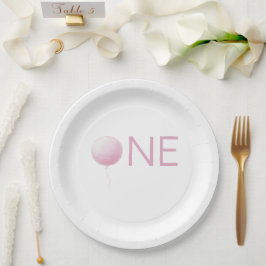 Plato De Papel Cumpleaños Simple de Niña con Globo Rosa 1er Cumpl