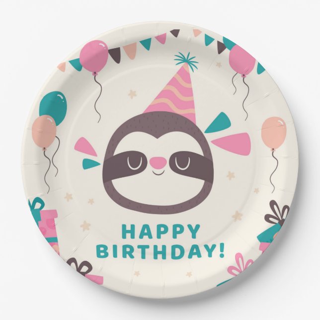Plato De Papel Cumpleaños Sloth (Anverso)