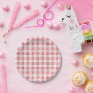 Plato De Papel Cumpleaños Suave de Rayas de Cuadro Rosa Blanco Fe