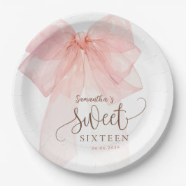 Plato De Papel Cumpleaños Sweet 16 con lazo rosa