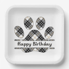 Plato De Papel Cumpleaños Tartan Plaid Paw Print On White