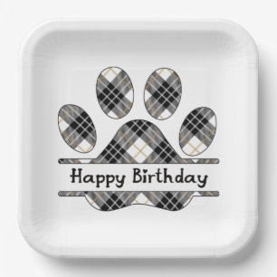 Plato De Papel Cumpleaños Tartan Plaid Paw Print On White