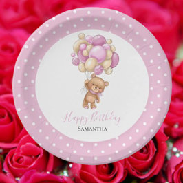 Plato De Papel cumpleaños Teddy Bear Chica Globos puntos rosados