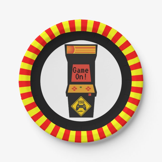 Plato De Papel Cumpleaños temático del videojuego retro de la (Anverso)