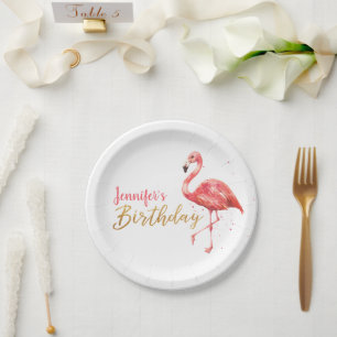 Plato De Papel Cumpleaños tropical el   del oro del flamenco de