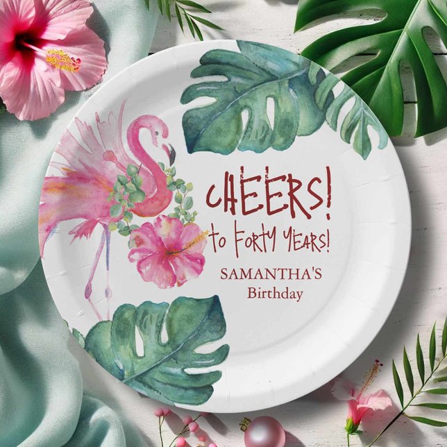 Plato De Papel Cumpleaños Tropical Flamenco Rosa (40th birthday party theme personalized paper plates watercolor art Victoria Grigaliunas)