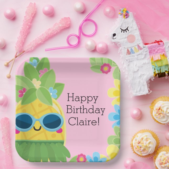 Plato De Papel Cumpleaños Tropical Personalizado de la Piña (Fiesta)