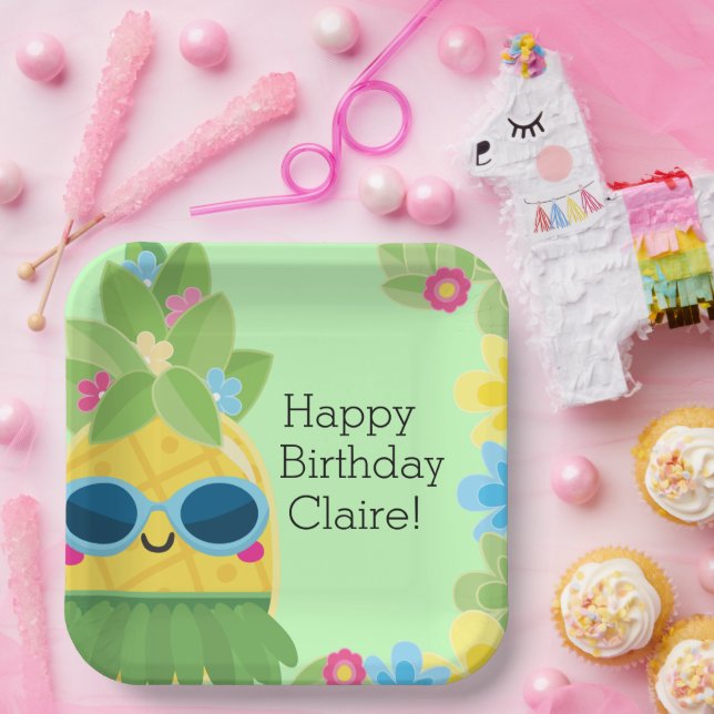 Plato De Papel Cumpleaños Tropical Personalizado de la Piña (Fiesta)