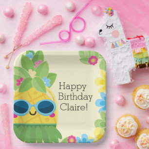 Plato De Papel Cumpleaños Tropical Personalizado de la Piña