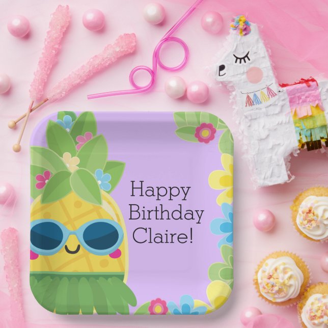 Plato De Papel Cumpleaños Tropical Personalizado de la Piña (Fiesta)