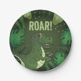 Plato De Papel Cumpleaños Tropical Tyrannosaurus Rex T-rex Verde